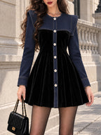 Vintage Velvet Flower-Button Mini Dress
