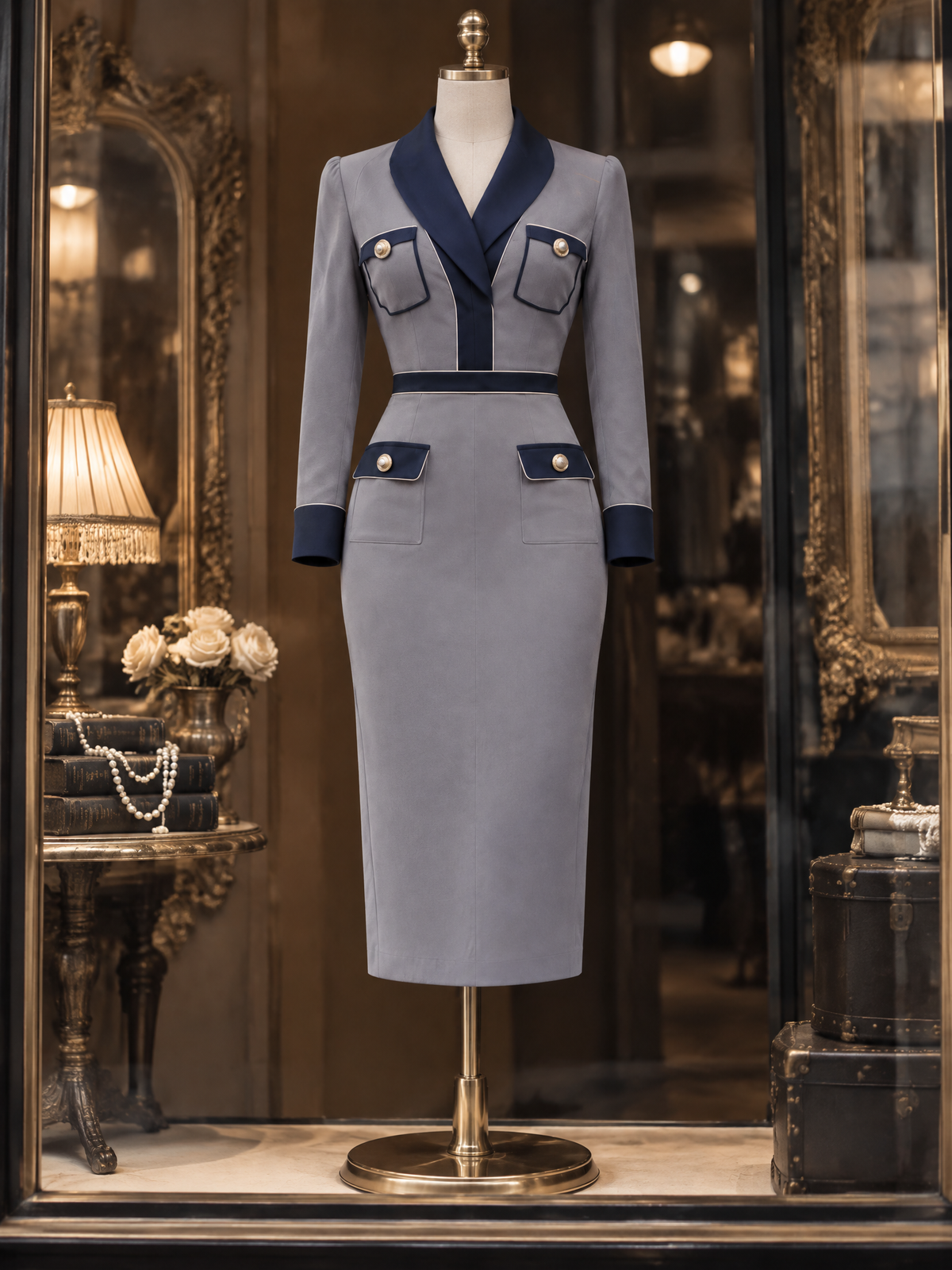 Vintage Color Block Pocket Slim Fit Midi Dress