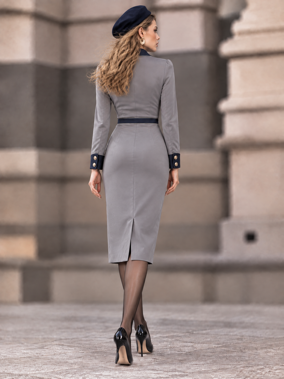 Vintage Color Block Pocket Slim Fit Midi Dress