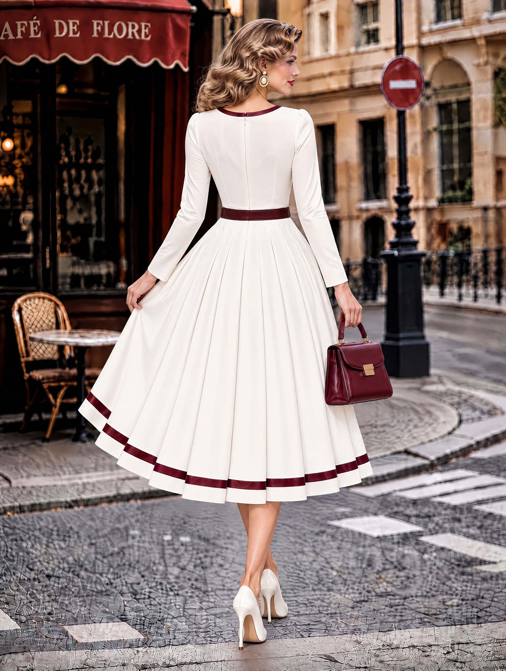 Vintage Square Neck Tie Belted Swing Midi Dress