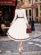 Vintage Square Neck Tie Belted Swing Midi Dress