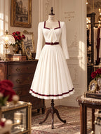 Vintage Square Neck Tie Belted Swing Midi Dress