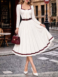Vintage Square Neck Tie Belted Swing Midi Dress