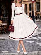 Vintage Square Neck Tie Belted Swing Midi Dress