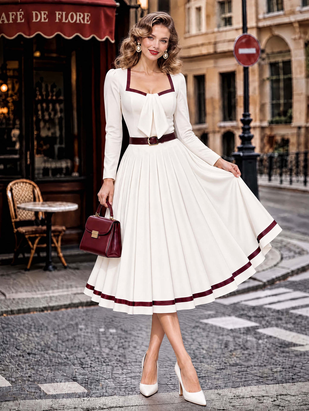 Vintage Square Neck Tie Belted Swing Midi Dress