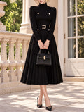 Vintage Turtleneck Belted Pleated Knit Midi Dress