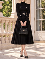 Vintage Turtleneck Belted Pleated Knit Midi Dress
