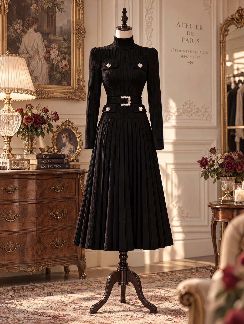 Vintage Turtleneck Belted Pleated Knit Midi Dress