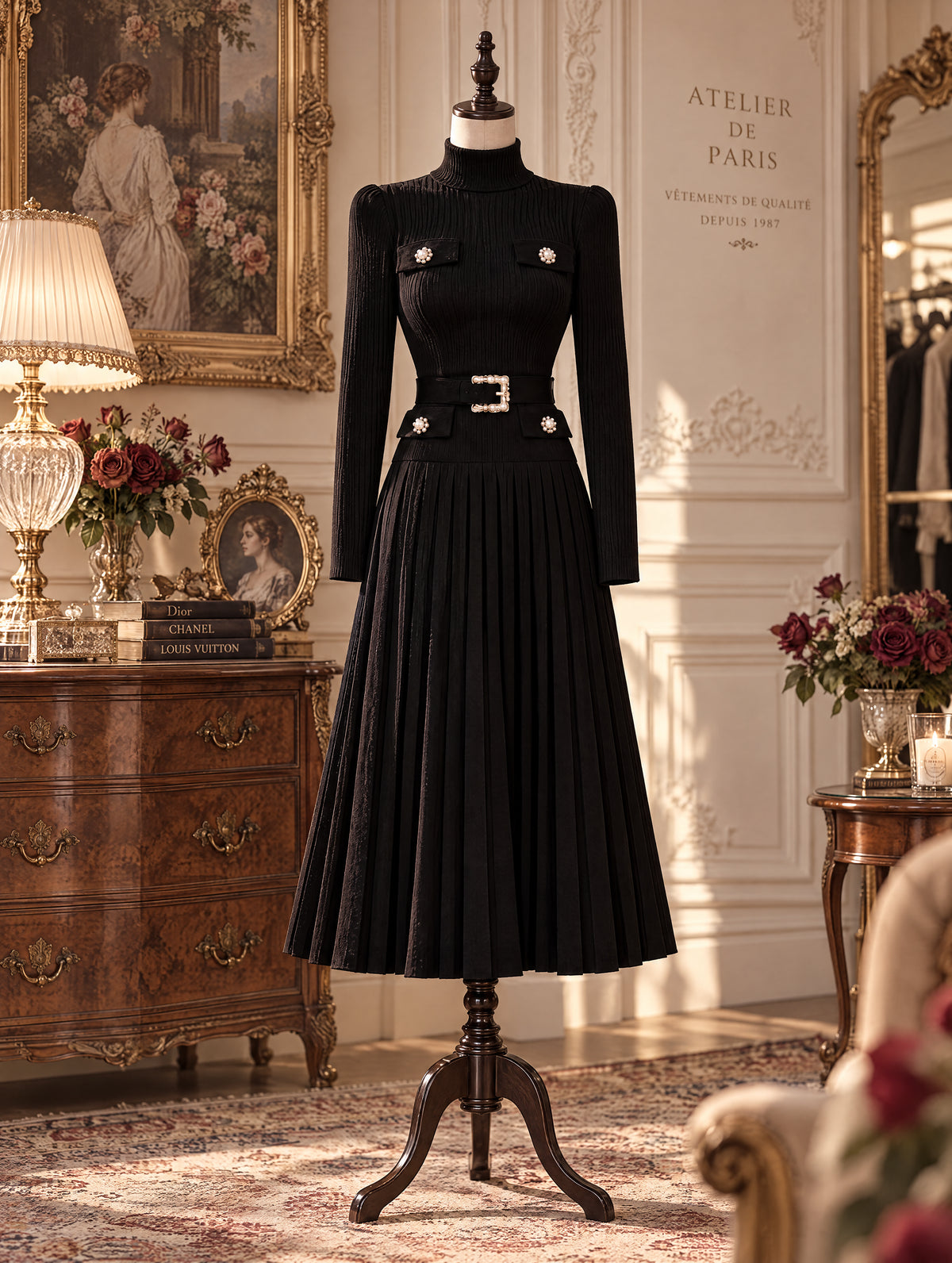 Vintage Turtleneck Belted Pleated Knit Midi Dress