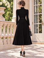 Vintage Turtleneck Belted Pleated Knit Midi Dress