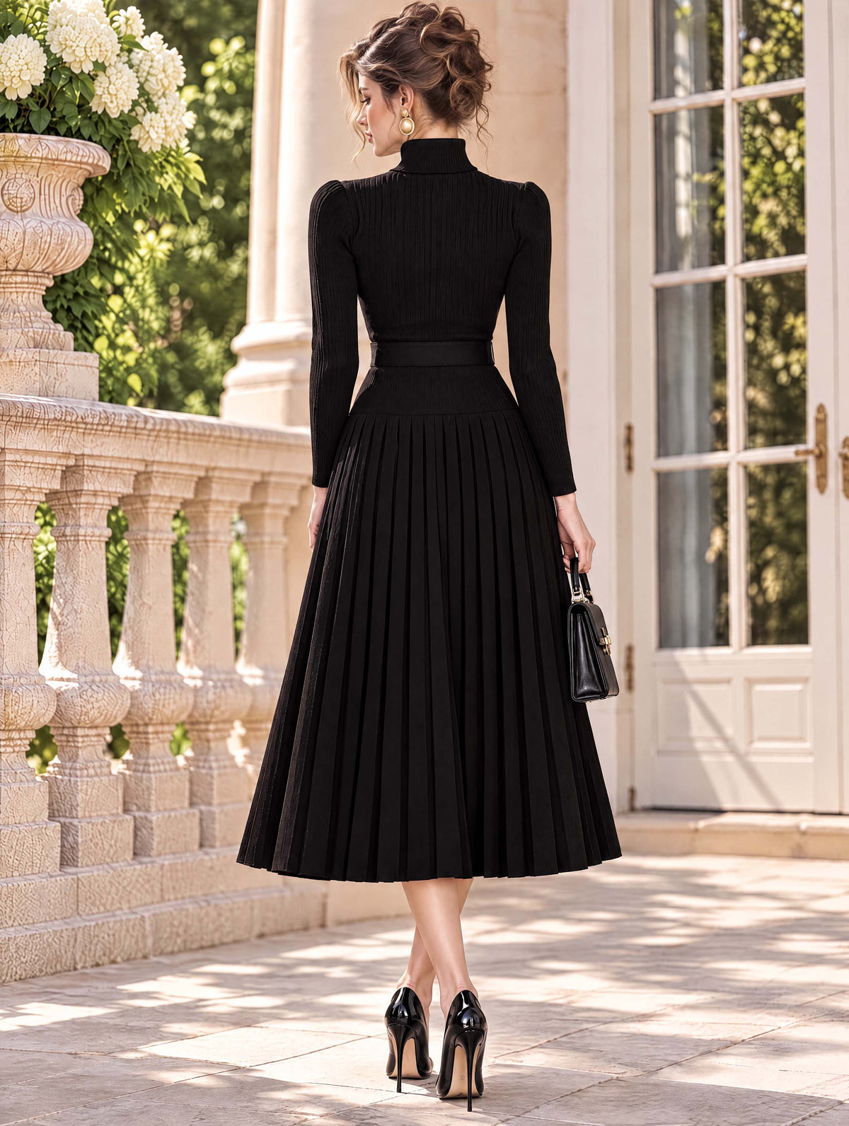 Vintage Turtleneck Belted Pleated Knit Midi Dress