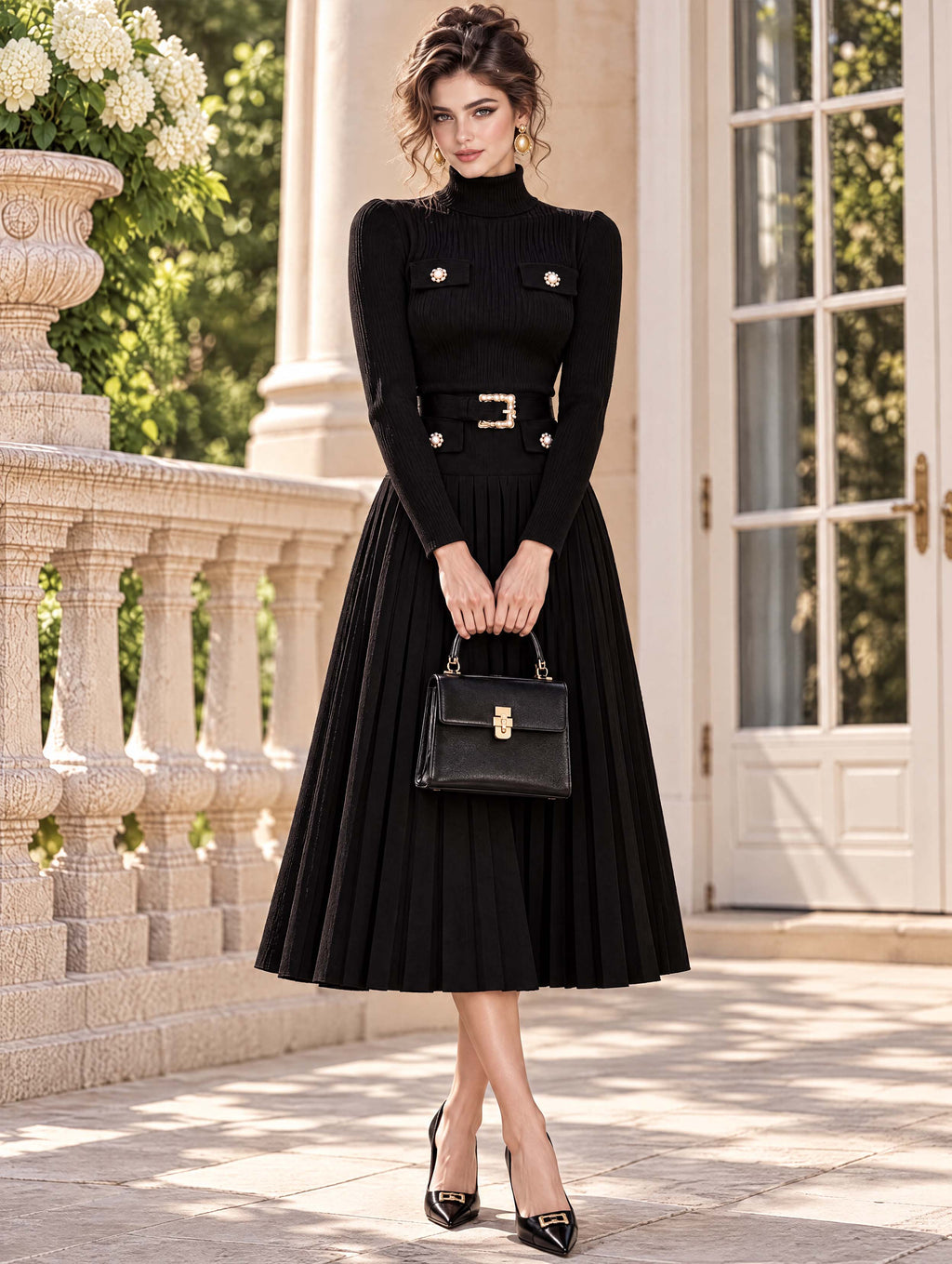 Vintage Turtleneck Belted Pleated Knit Midi Dress