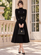Vintage Turtleneck Belted Pleated Knit Midi Dress
