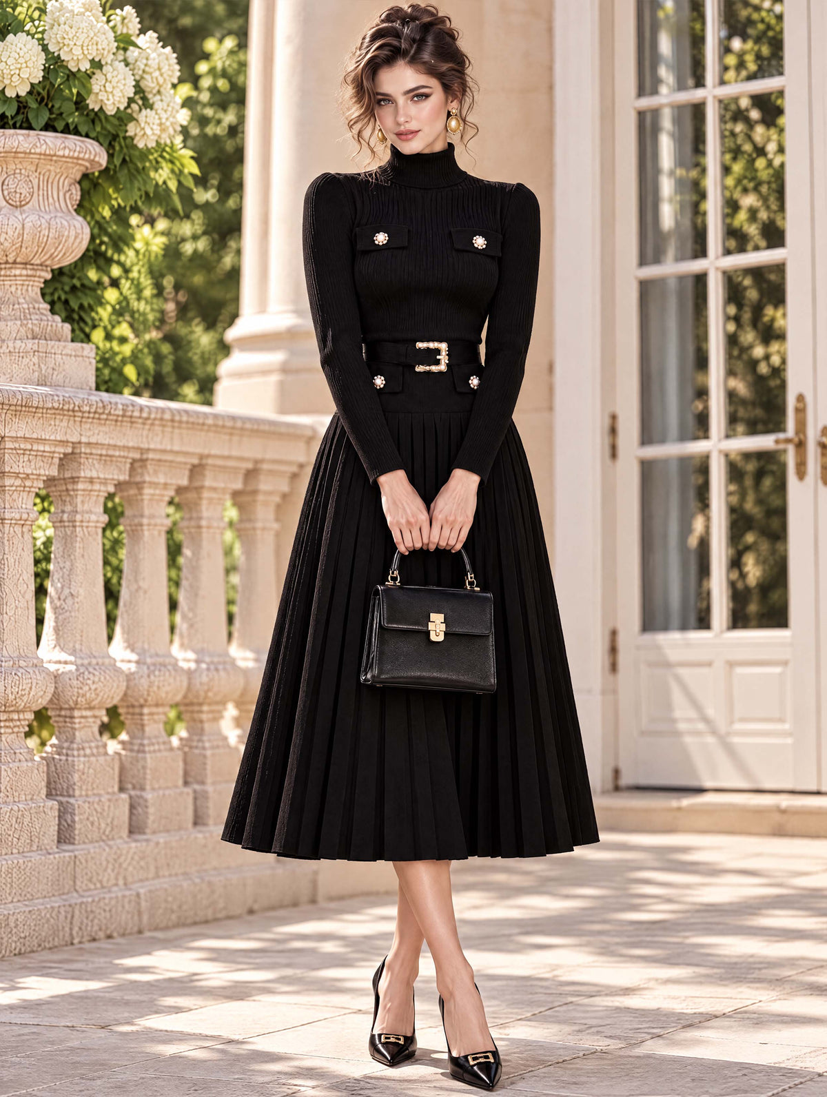 Vintage Turtleneck Belted Pleated Knit Midi Dress