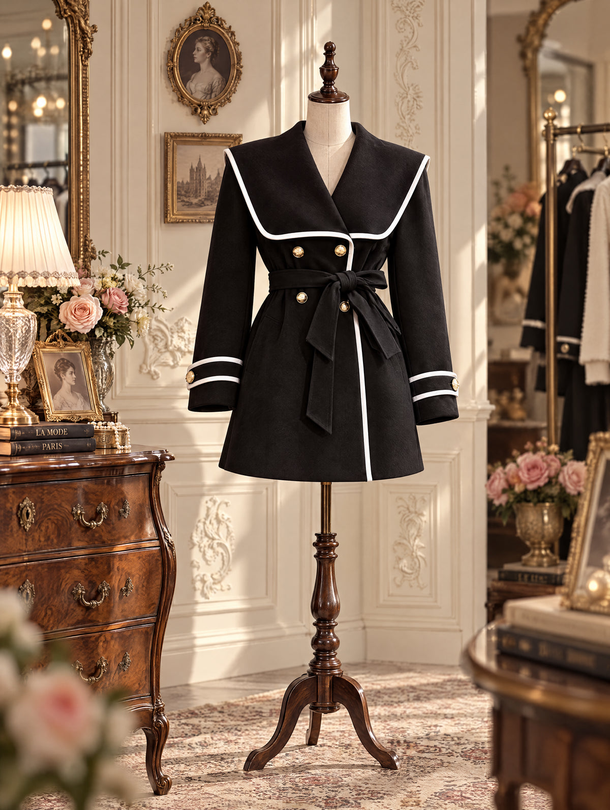 Vintage Sailor Collar Belted Wool Coat Dress