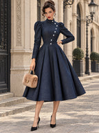 Vintage Stand-Collar Asymmetric Button Denim Midi Dress