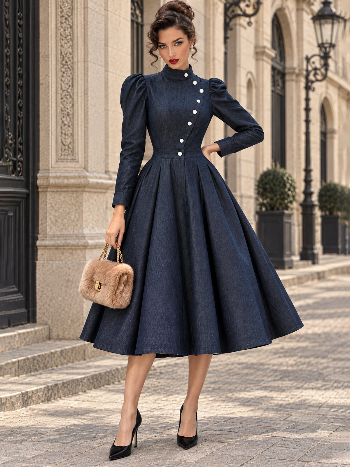Vintage Stand-Collar Asymmetric Button Denim Midi Dress