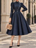 Vintage Stand-Collar Asymmetric Button Denim Midi Dress