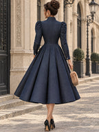 Vintage Stand-Collar Asymmetric Button Denim Midi Dress