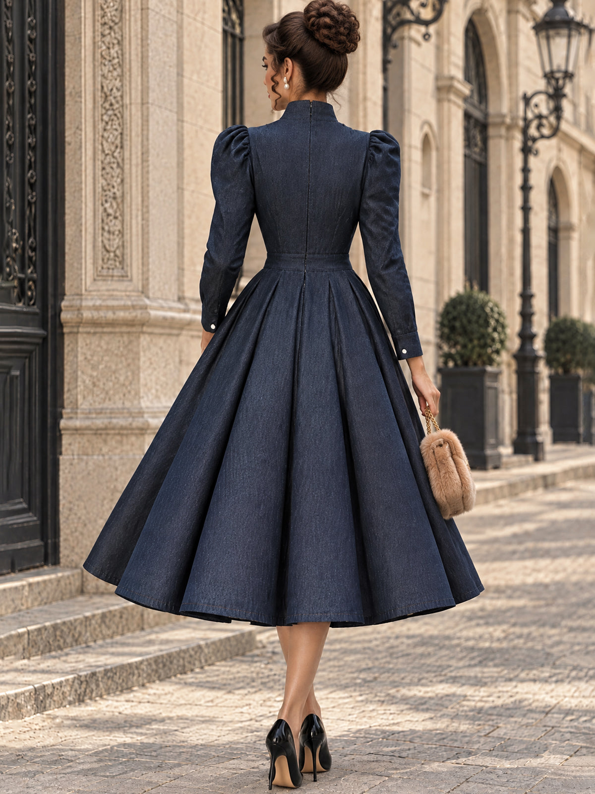 Vintage Stand-Collar Asymmetric Button Denim Midi Dress