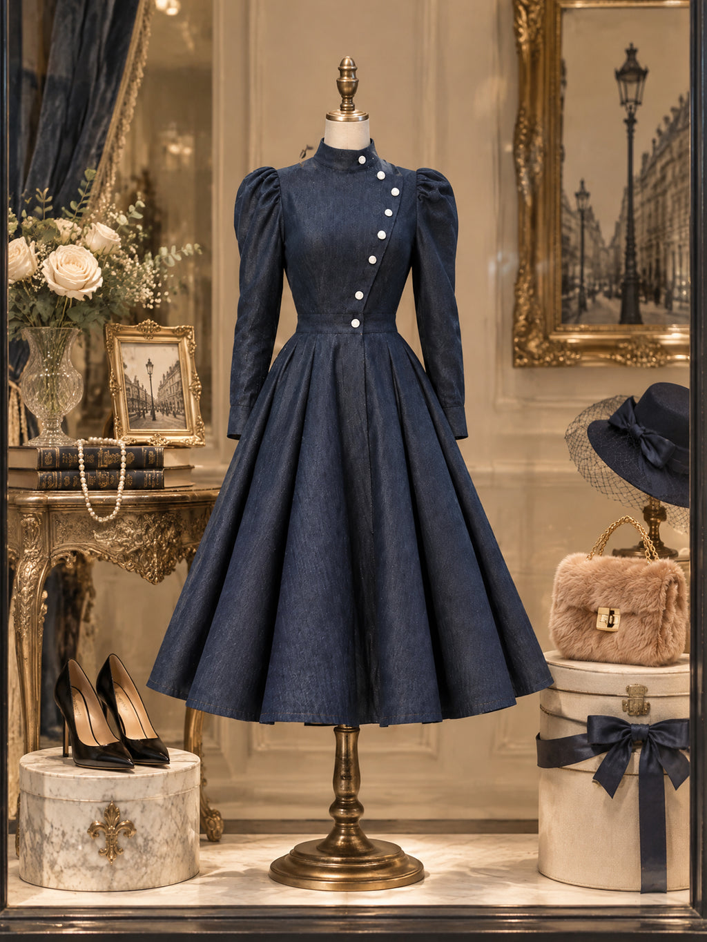 Vintage Stand-Collar Asymmetric Button Denim Midi Dress