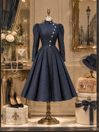 Vintage Stand-Collar Asymmetric Button Denim Midi Dress