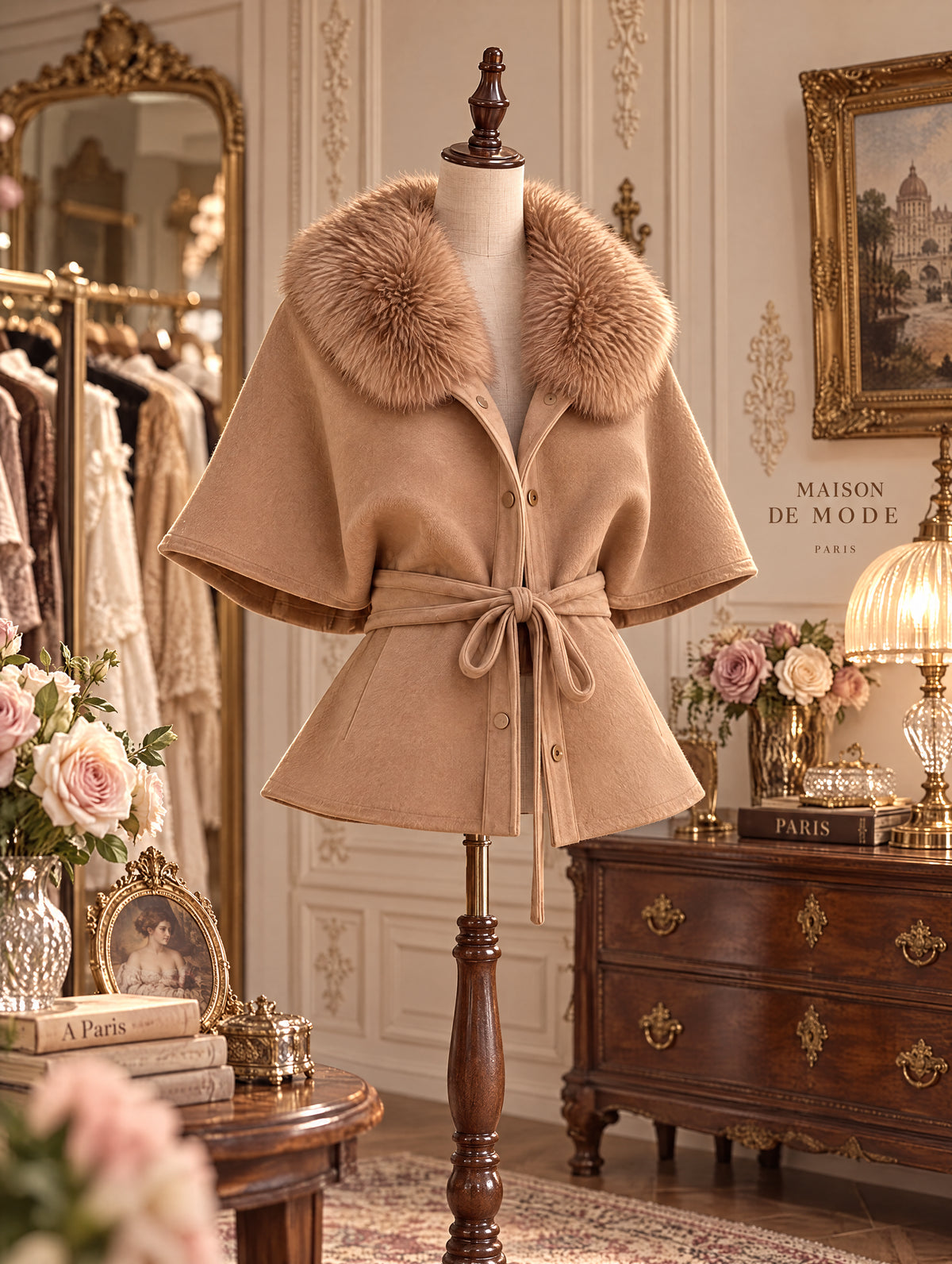 Vintage Faux Fur Collar Belted Cape Wool Coat