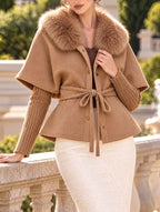 Vintage Faux Fur Collar Belted Cape Wool Coat