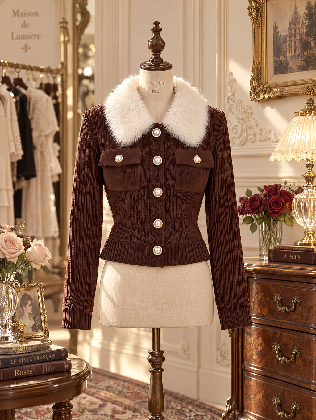 Vintage Faux Fur Collar Pearl Button Knit Jacket