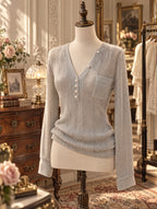 Vintage V Neck Pearl Button Pointelle Knit Top