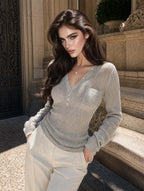 Vintage V Neck Pearl Button Pointelle Knit Top