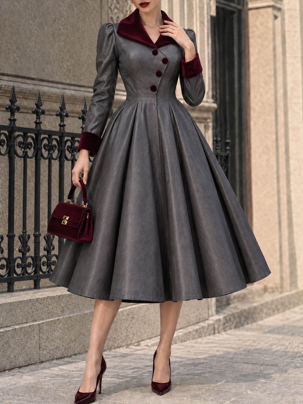 Vintage Velvet-Collar Faux Leather Swing Dress