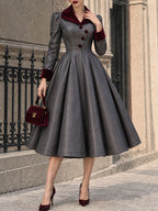Vintage Velvet-Collar Faux Leather Swing Dress