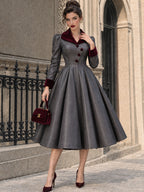 Vintage Velvet-Collar Faux Leather Swing Dress