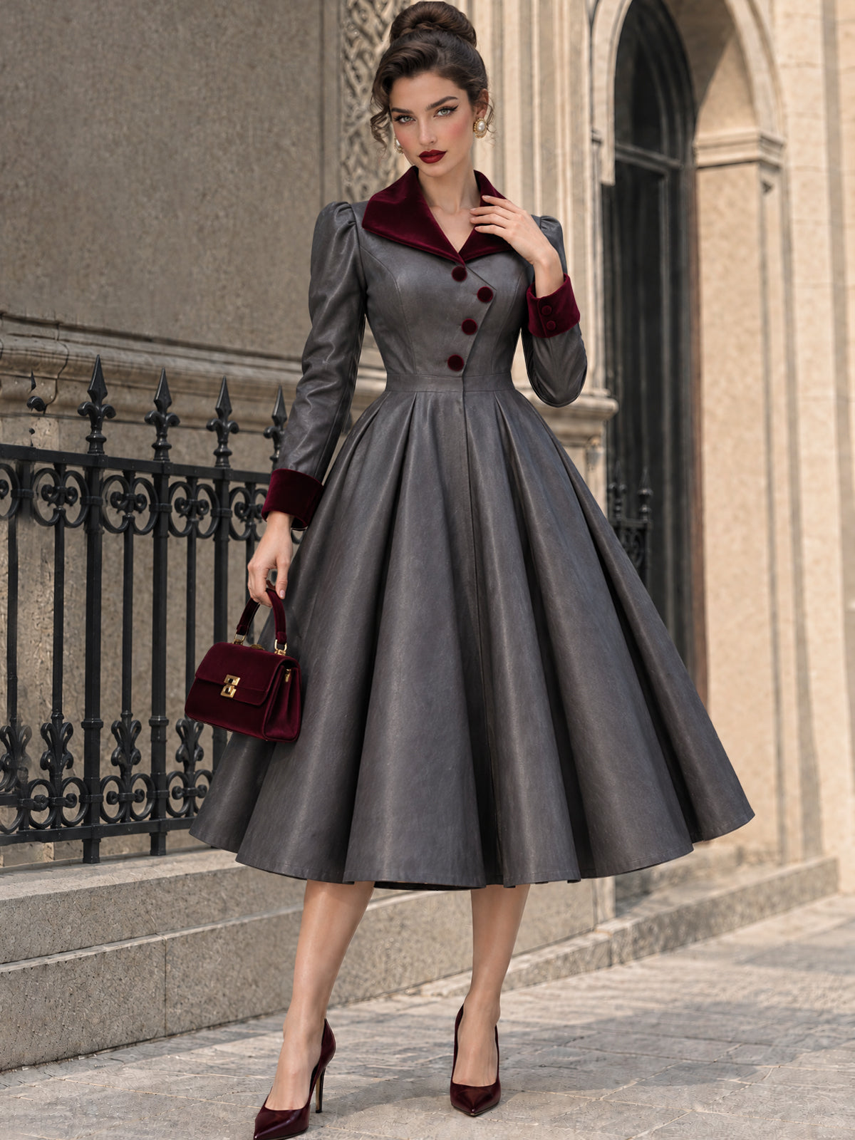 Vintage Velvet-Collar Faux Leather Swing Dress