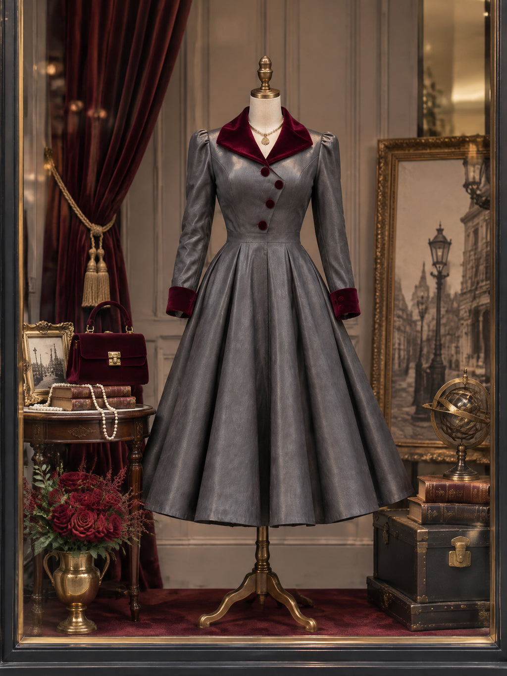 Vintage Velvet-Collar Faux Leather Swing Dress