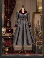 Vintage Velvet-Collar Faux Leather Swing Dress
