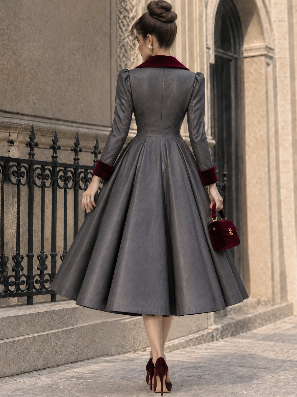 Vintage Velvet-Collar Faux Leather Swing Dress