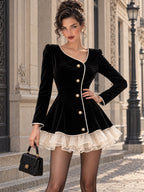 Vintage Pearl-Button Velvet Mini Dress