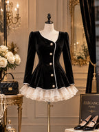 Vintage Pearl-Button Velvet Mini Dress