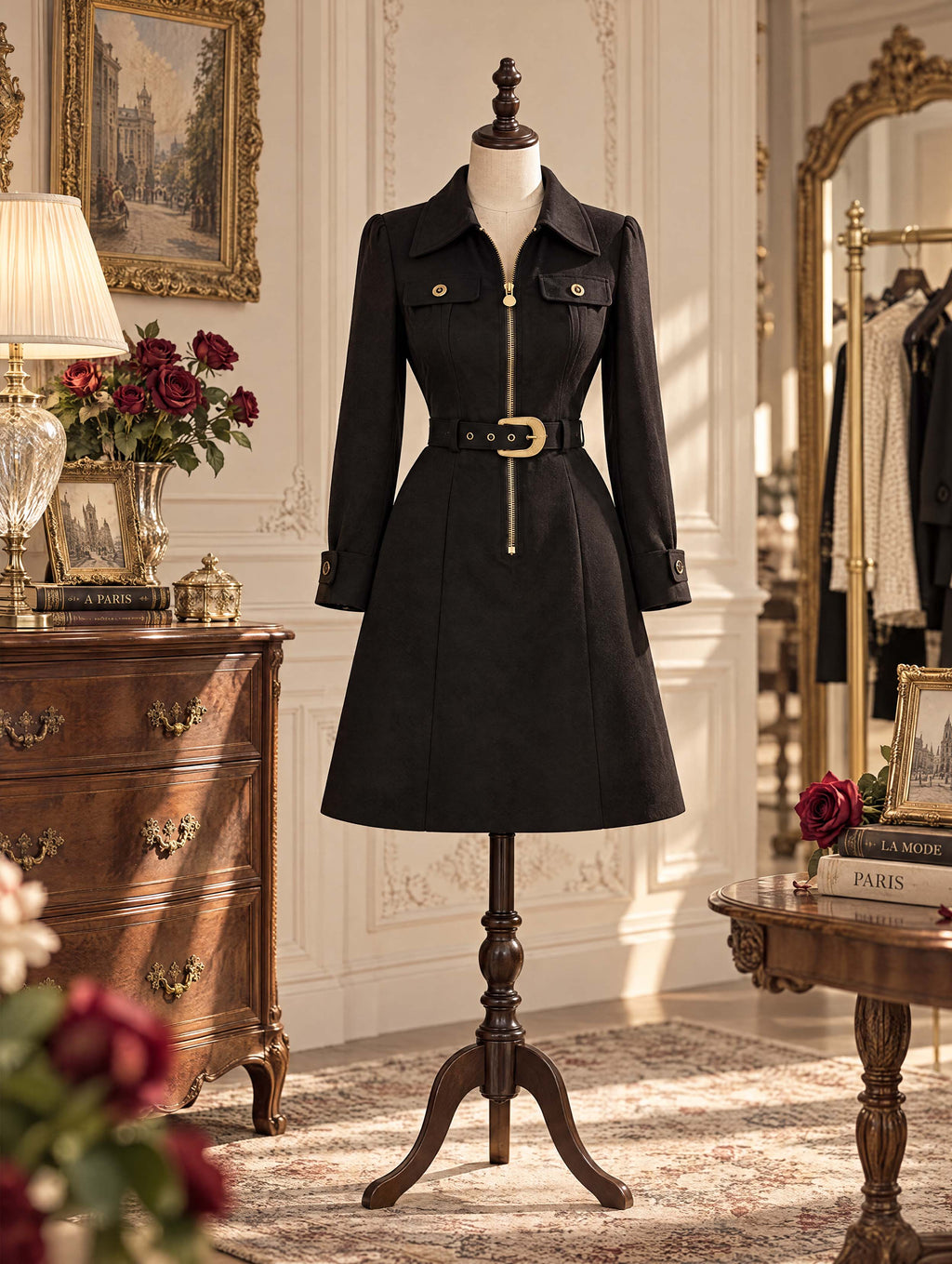 Vintage Collar Pocket Long Sleeve A Line Dress