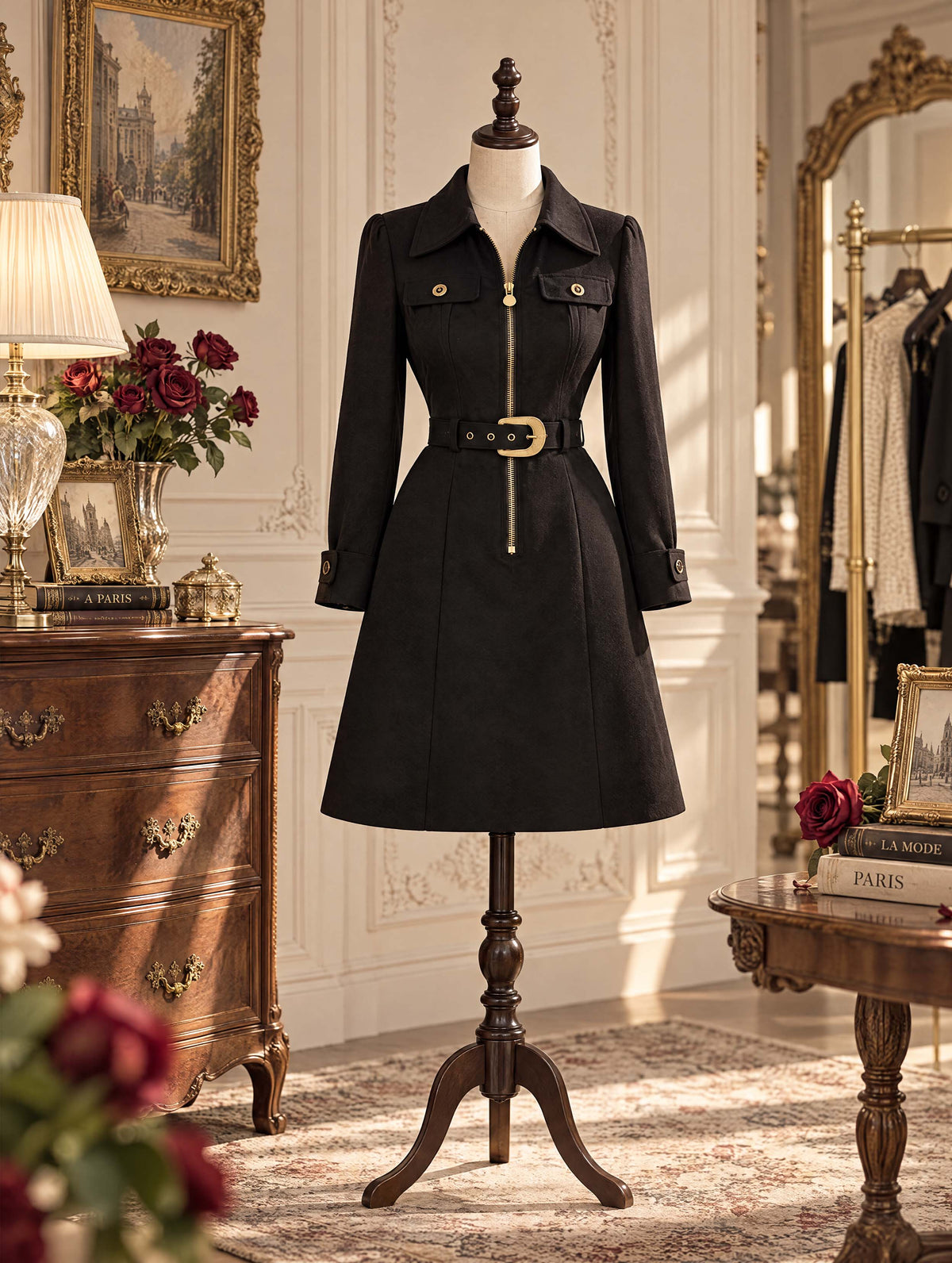 Vintage Collar Pocket Long Sleeve A Line Dress