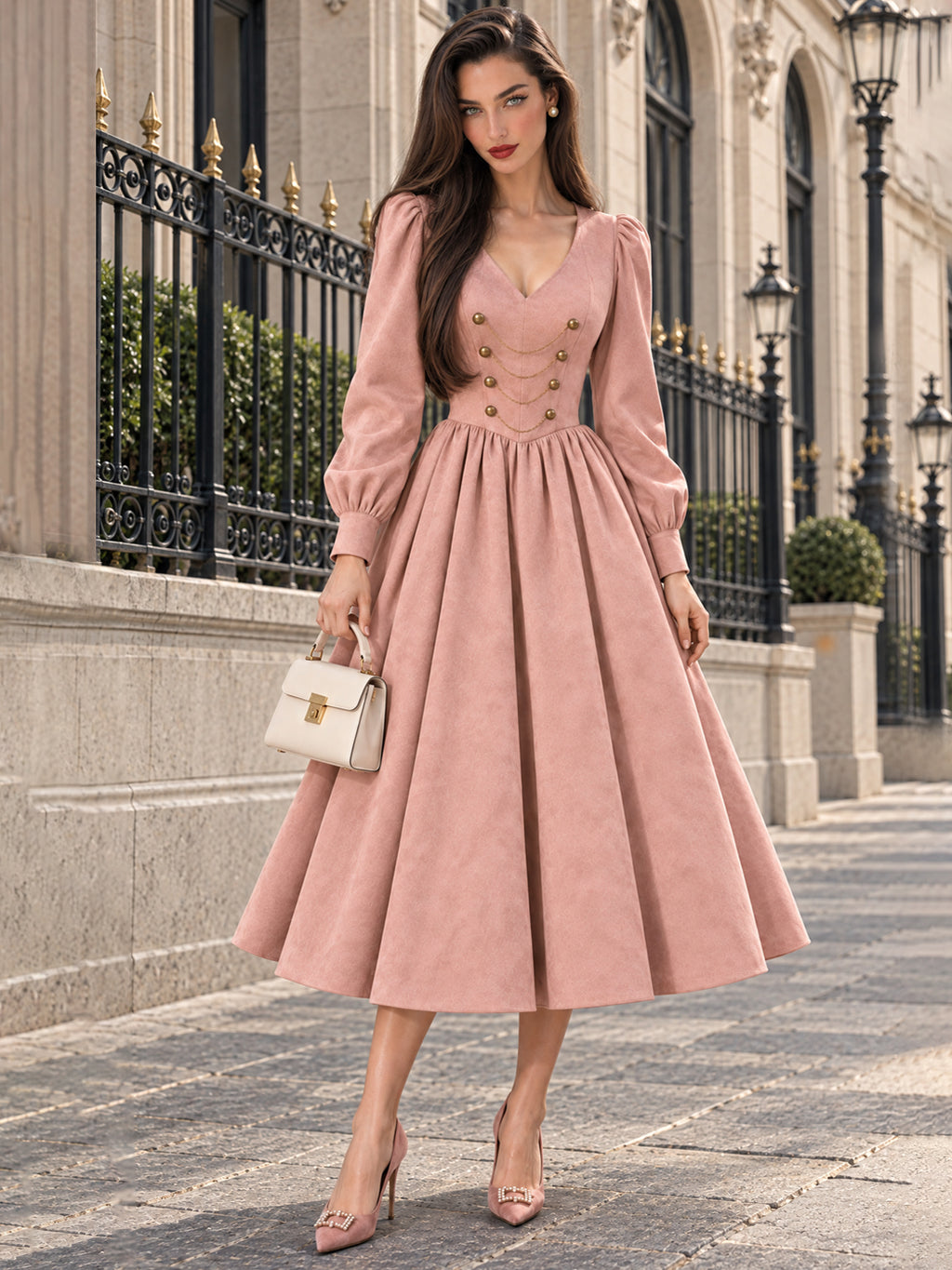 Vintage Chain-Trim Gold-Button Pink Suede Midi Dress