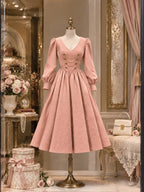 Vintage Chain-Trim Gold-Button Pink Suede Midi Dress