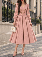 Vintage Chain-Trim Gold-Button Pink Suede Midi Dress
