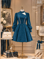 Vintage Cutout Mock-Neck Double-Breasted Faux Suede Dress