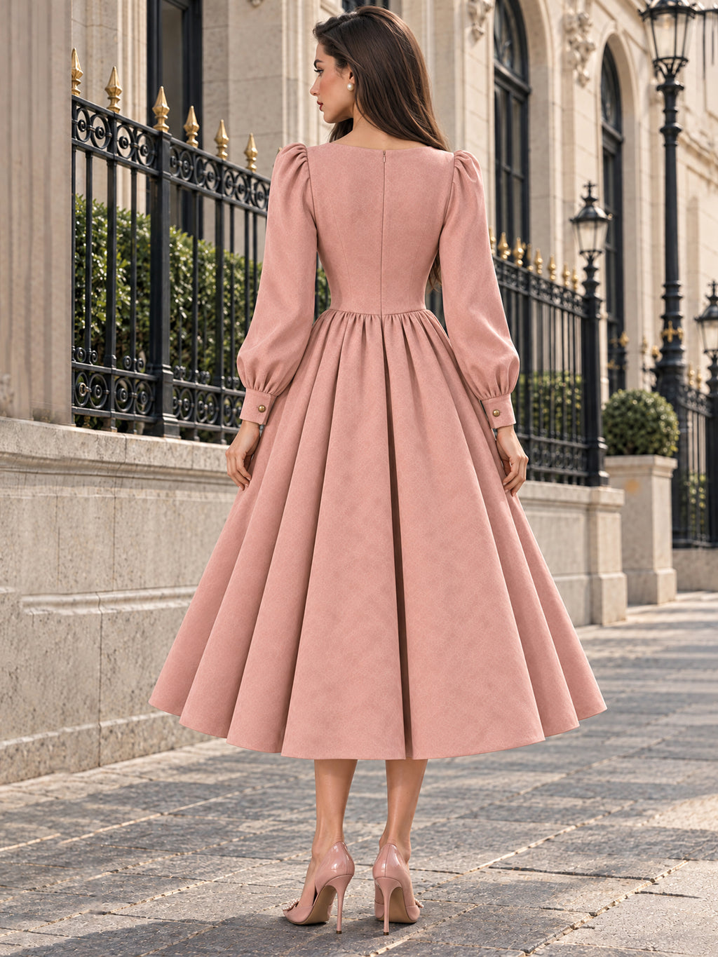 Vintage Chain-Trim Gold-Button Pink Suede Midi Dress