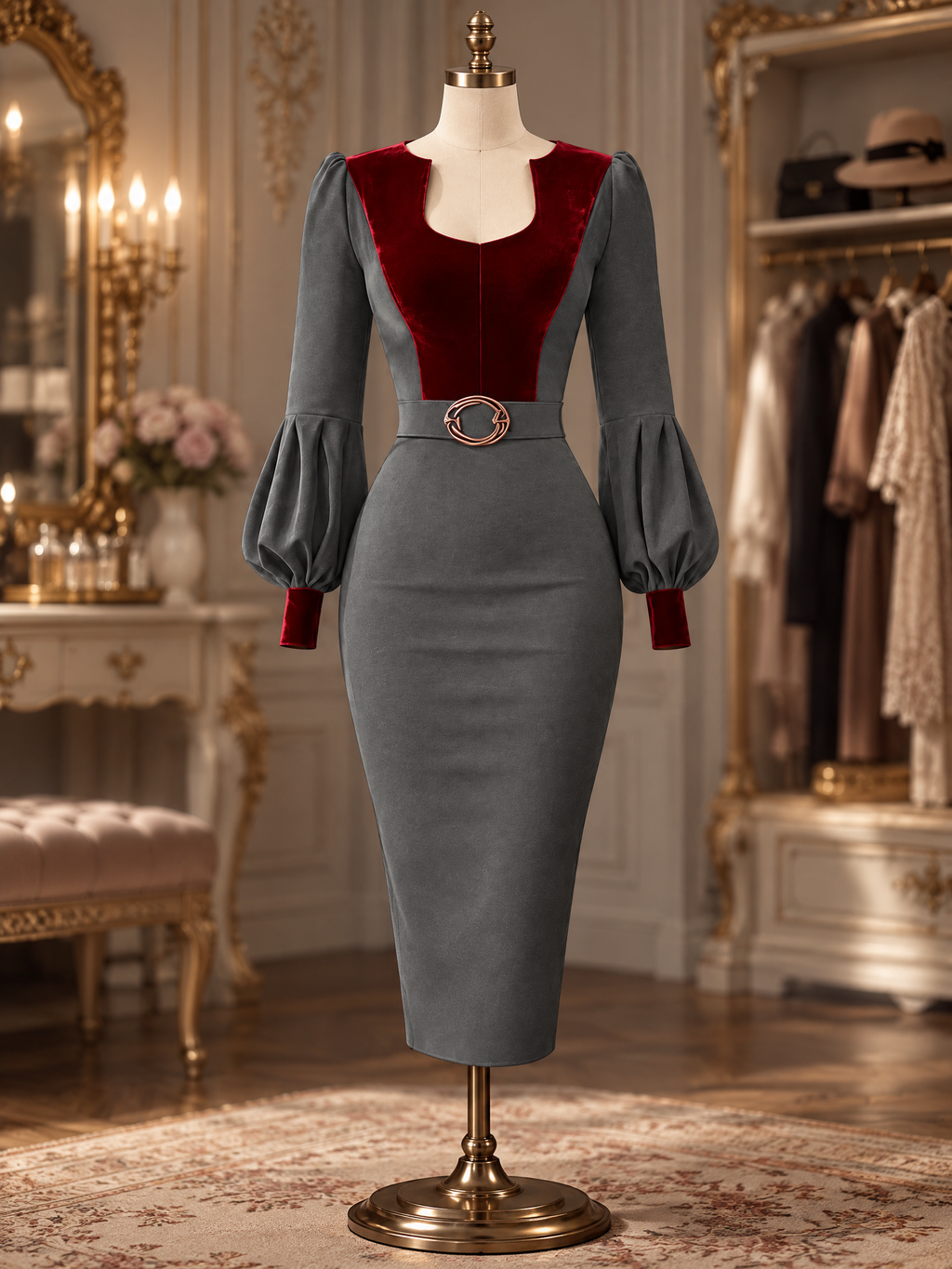 Vintage Grey & Burgundy Velvet Puff Sleeve Belted Midi Dress