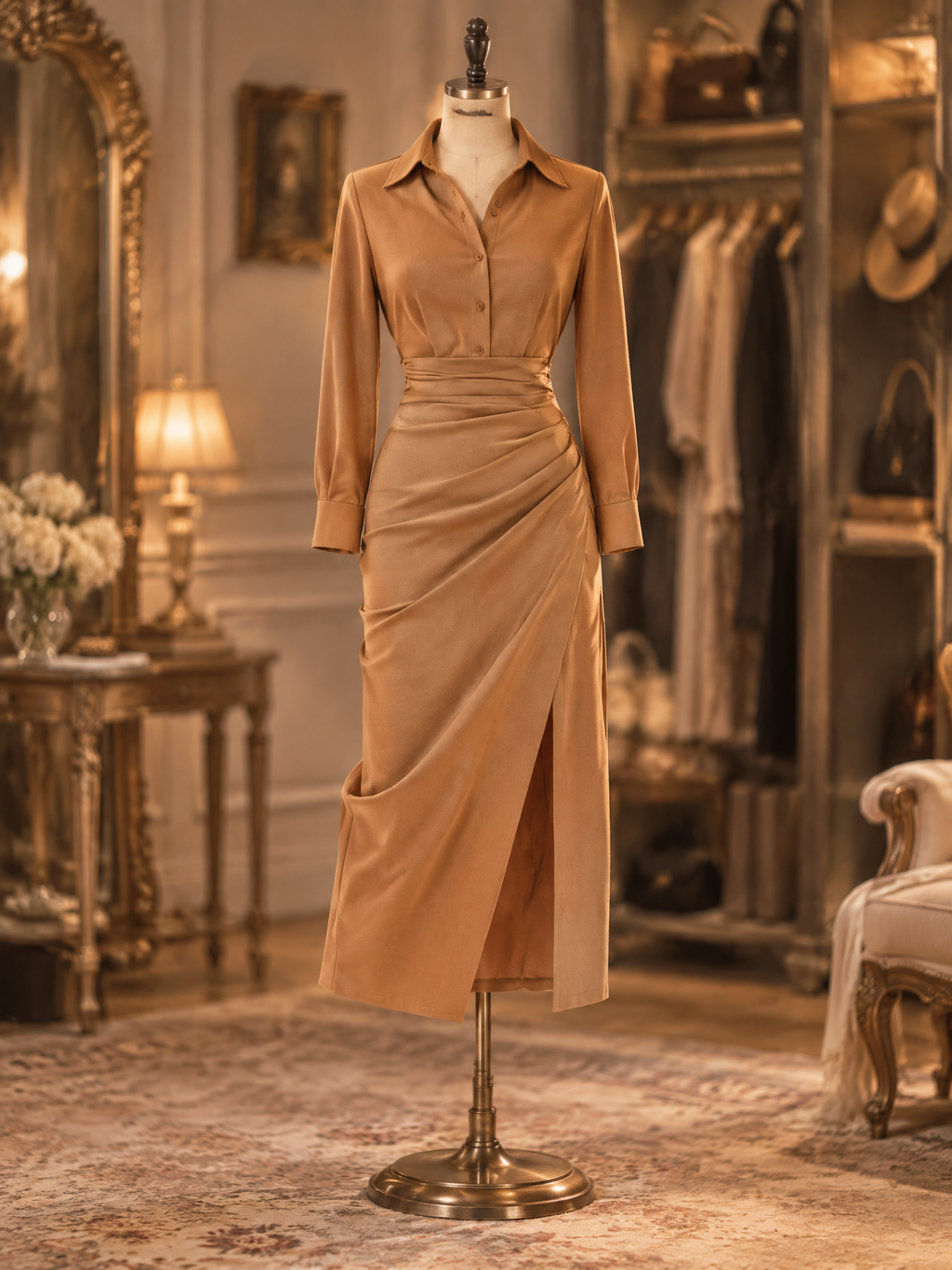 Vintage Collared Button Front Ruched High Slit Shirt Dress