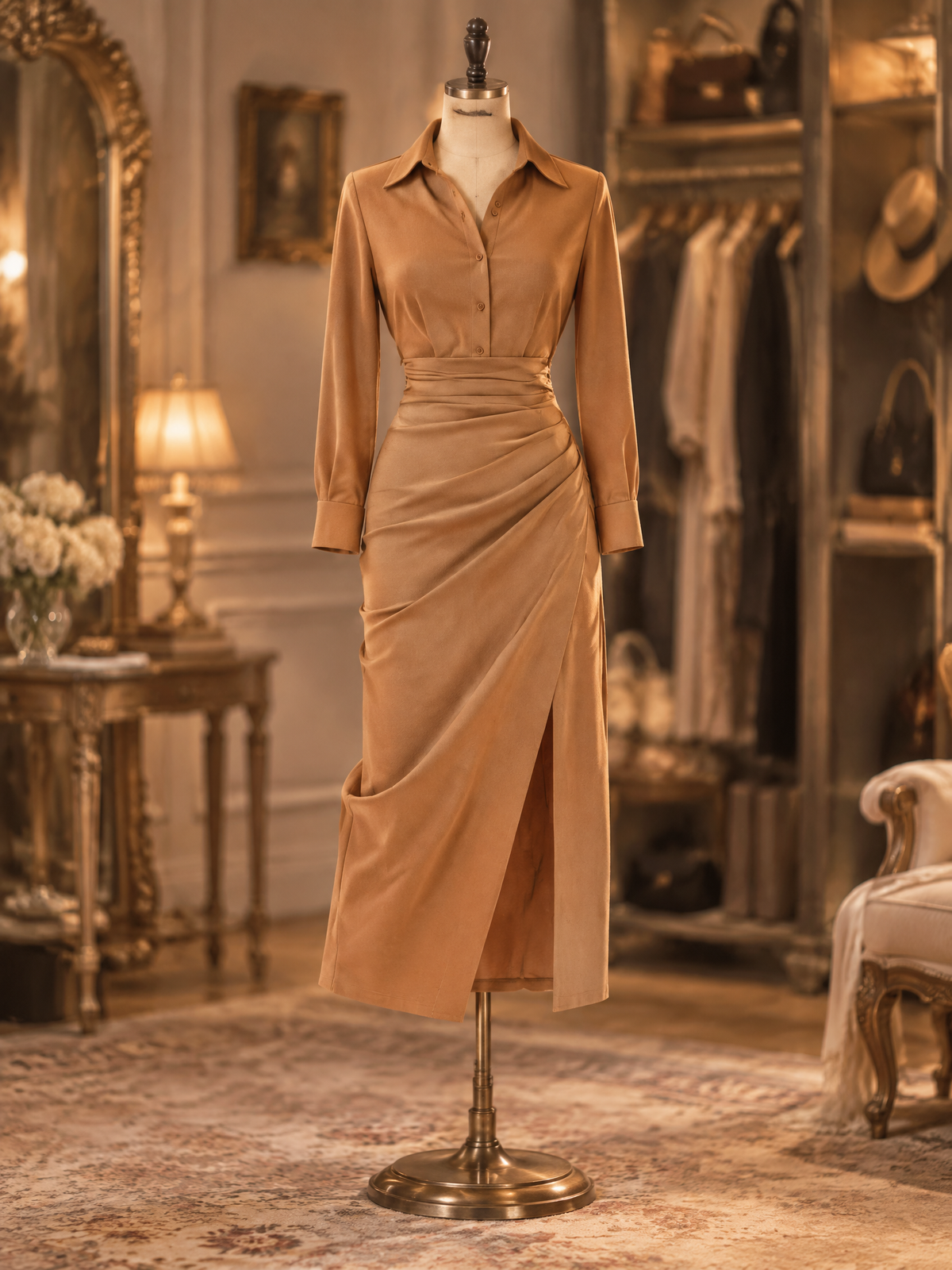 Vintage Collared Button Front Ruched High Slit Shirt Dress